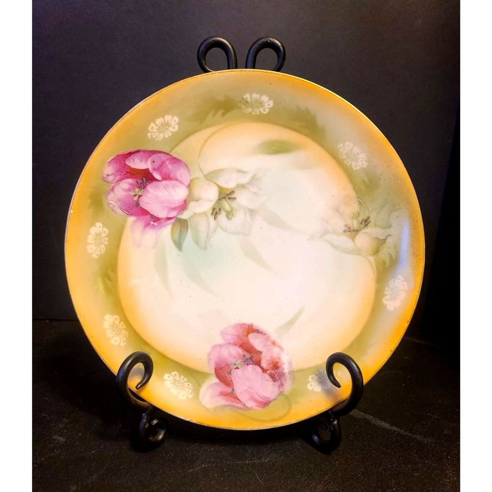 Vintage Decorative Hand Painted Thuringia Yellow‎ Plate Pink Roses 8.5"